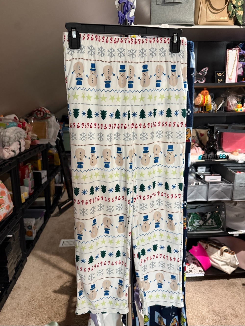 Festive Snowman Holiday Lounge Pants - White with Blue & Green size 10
